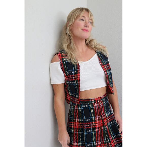1960's Vintage Tartan Plaid Skirt & Vest Set Women's XS SM Scottish Pleat Skirt - Picture 2 of 9
